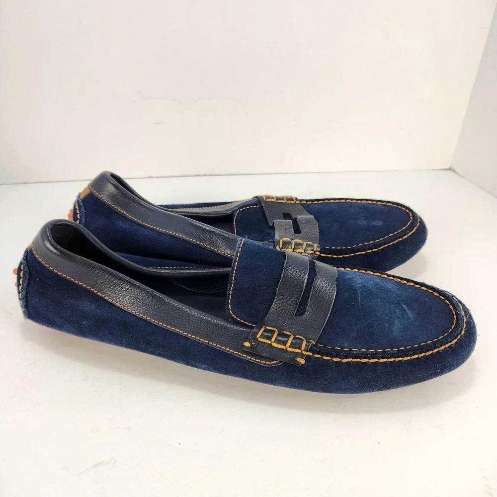 Cole Haan Men's 10M Navy Blue Suede Penny Loafers Moc Toe Contrast Stitch Slip O